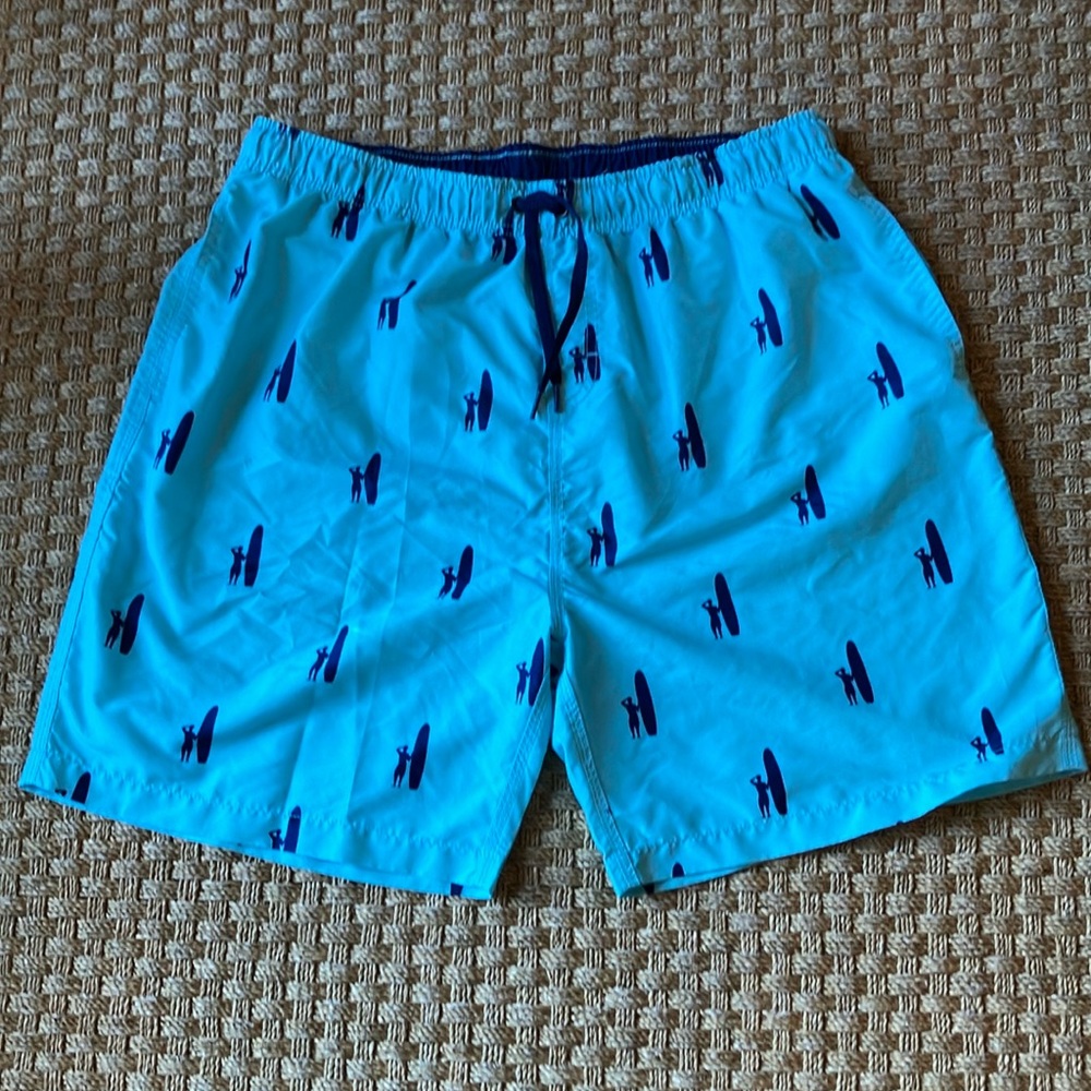johnnie-O Light Blue Swim Trunks with Navy Surfboard Print